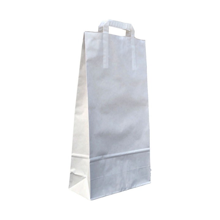 Set 50 bucati Punga Cadou din Hartie Kraft Albit, dublata cu hartie kraft natur, Netiparita, cu manere plate din hartie, 23.5x43x10 cm