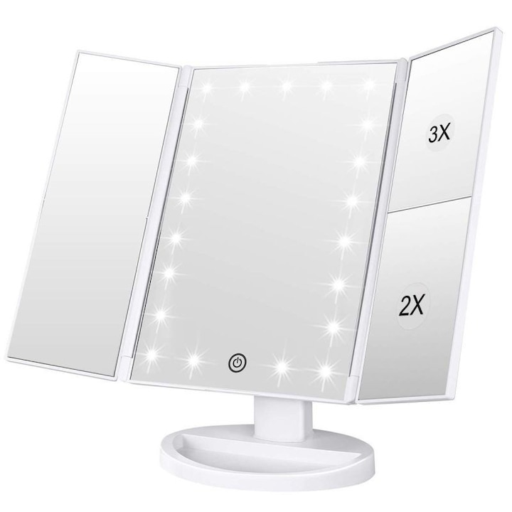 Oglinda cosmetica LED, MT Malatec, rotativa, iluminare reglabila, zoom 2x si 3x, alimentare USB si baterii, alba