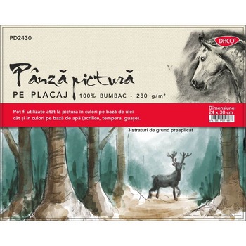 Panza Pictura pe Placaj DACO, 24x30 cm, 280 g/m², 3 Straturi de Grund Preaplicat Panza Pictura pe Placaj DACO, 24x30 cm, 280 g/m², 3 Straturi de Grund Preaplicat