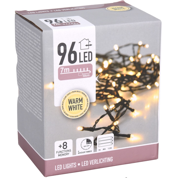 eNoelle karácsonyi telepítés, 96 db 5 mm-es LED, IP44 külső/belső, elemes, meleg fény