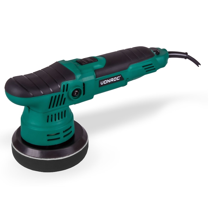 Autó polírozó gép, VONROC, PM504AC, 650W, kettős fényezőgép, állítható sebesség, 125mm, Zöld, 4 méteres gumi tápkábellel
