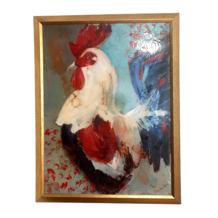 Tablou " Courage - My Birds" pictat manual, pictura in acril pe panza sigilat cu rasina epoxidica si foita metalica lichida gold, inramat, 70x90 cm