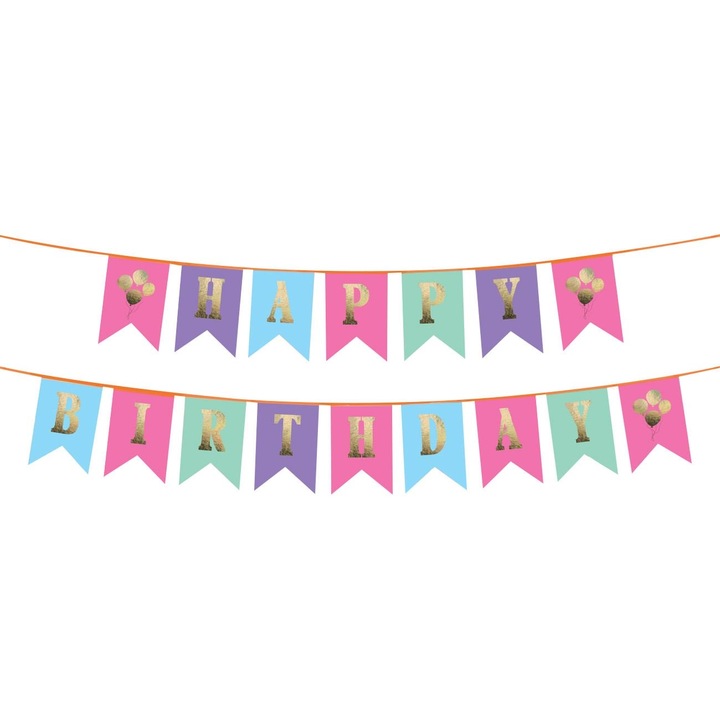 Парти гирлянд за честит рожден ден от 16 цветни флагчета, DecorCasa, 12,5 x 18 cm