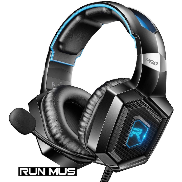 Casti gaming profesionale Runmus® K8, cu microfon, sistem surround HD, microfon cu anulare zgomot de fond, cu lumina led, pentru PC, PS4, Xbox, Nitendo, difuzor 50mm, 106dB, albastru