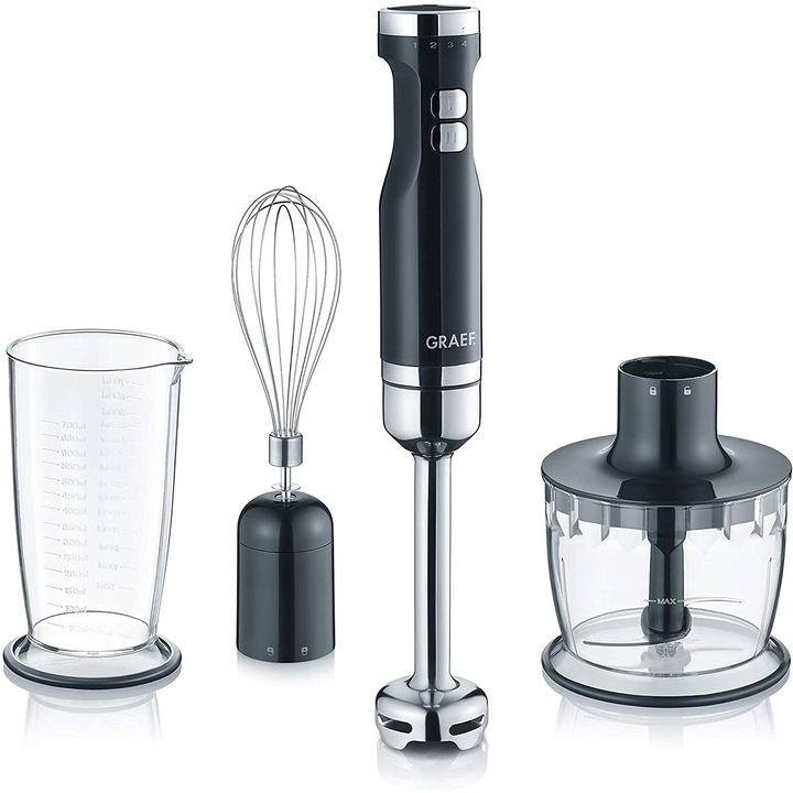 Set blender de mana + accesorii Graef, HB502, 5 trepte de viteza, functie turbo, functie anti-stropire, design ergonomic, motor puternic 800 W, negru