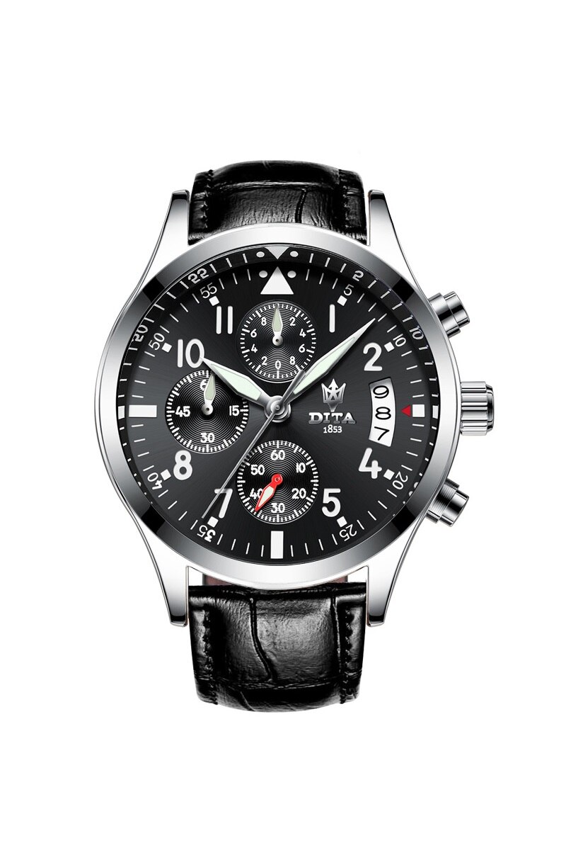 Ceas barbati, DitaWatch, FX, Piele ecologica, Negru/Argintiu