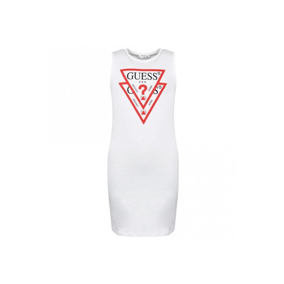 Rochie fara maneci Guess, alba, logo imprimat