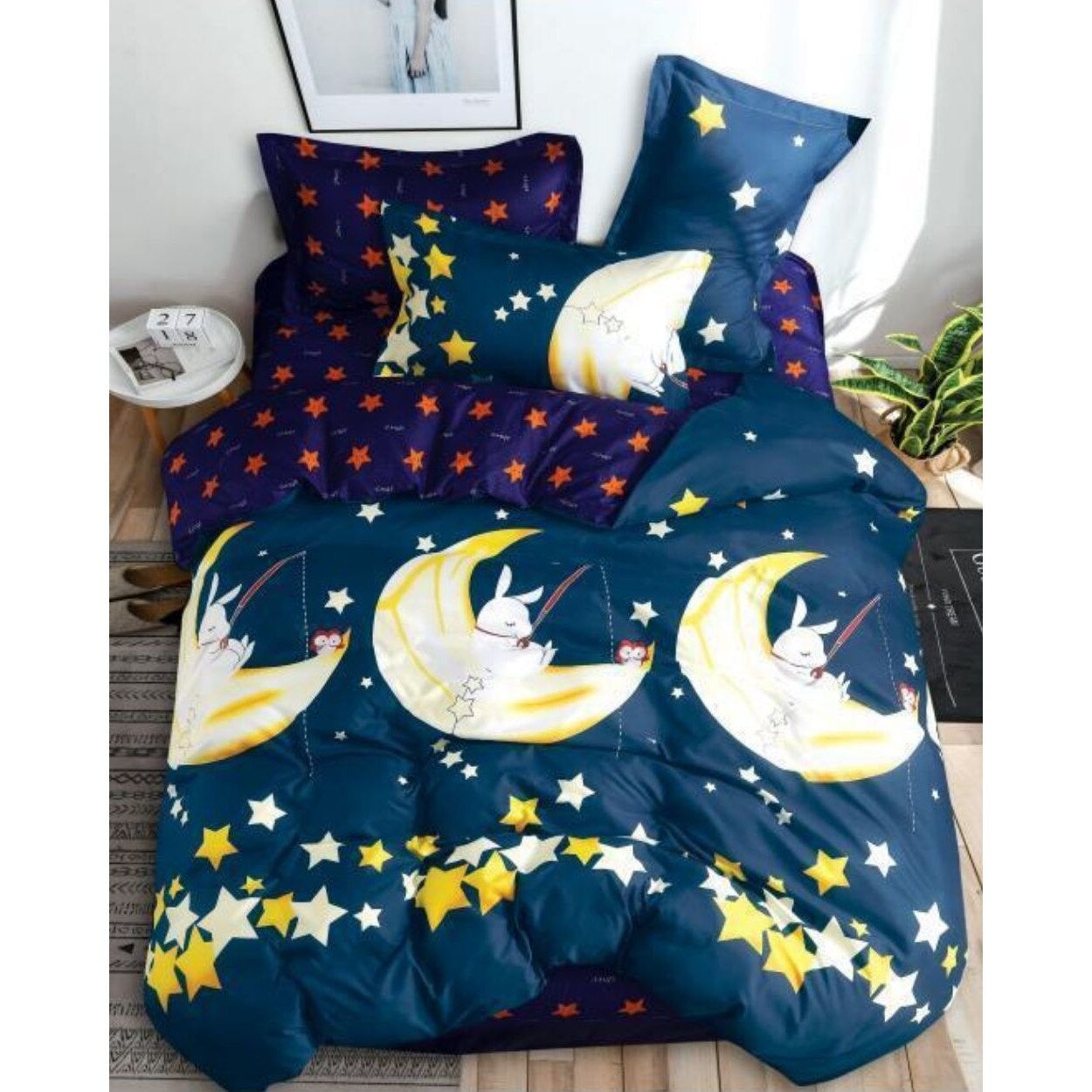 Set Lenjerie de Pat Bumbac Satinat, 4 Piese, Pat 1 Persoana, Rabbit on the Moon