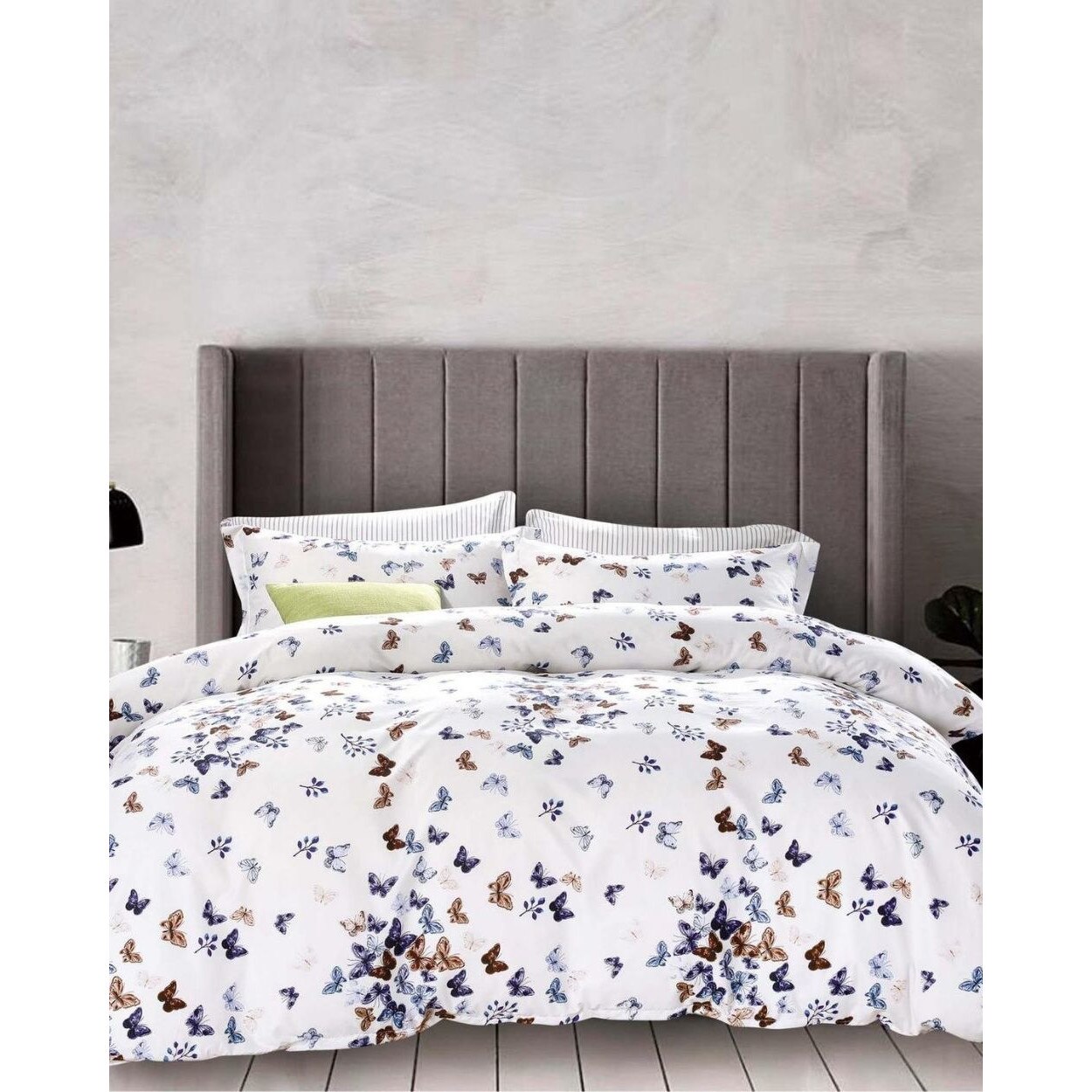 Set Lenjerie de Pat Bumbac Satinat, 4 Piese, Pat 1 Persoana, Fluturi Albastri Maro