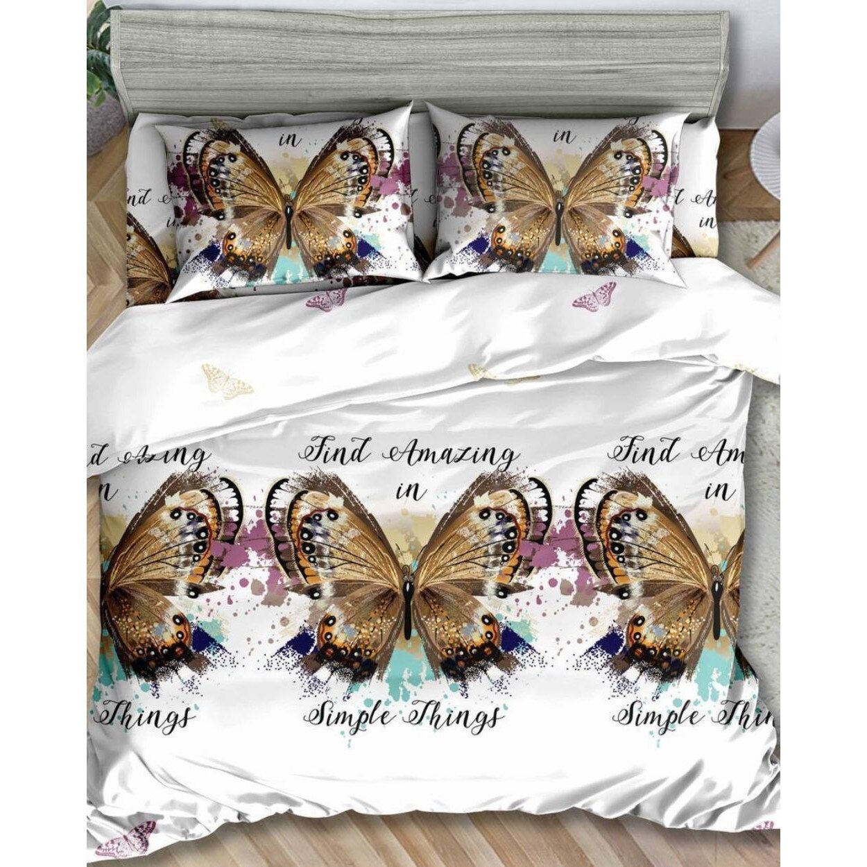 Set Lenjerie de Pat Bumbac Satinat, 4 Piese, Pat 1 Persoana, Brown Butterflies