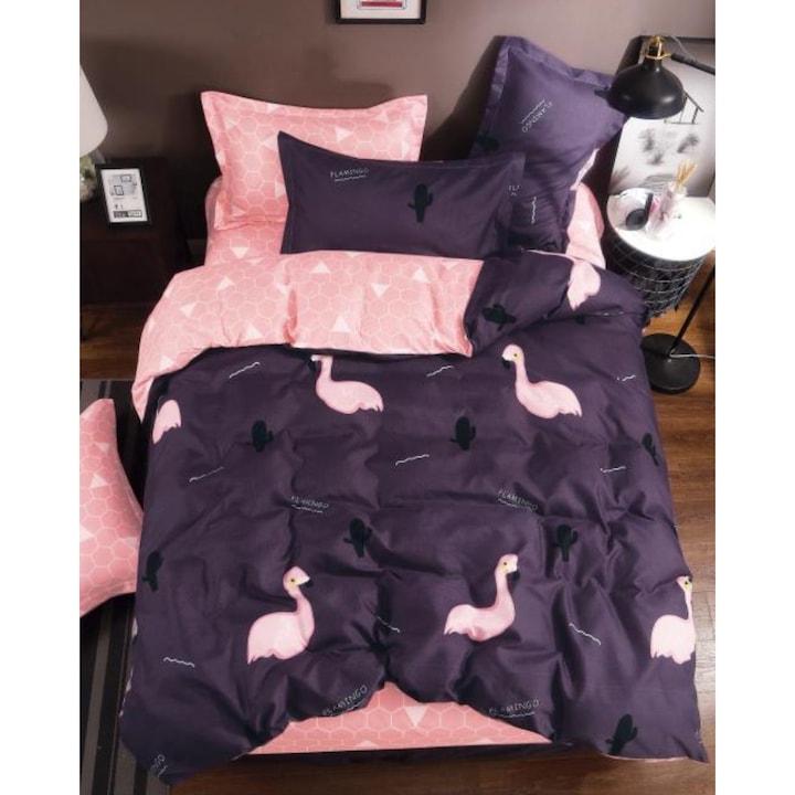 Комплект спално бельо от памучен сатен Baby Flamingo, 4 части, За единично легло