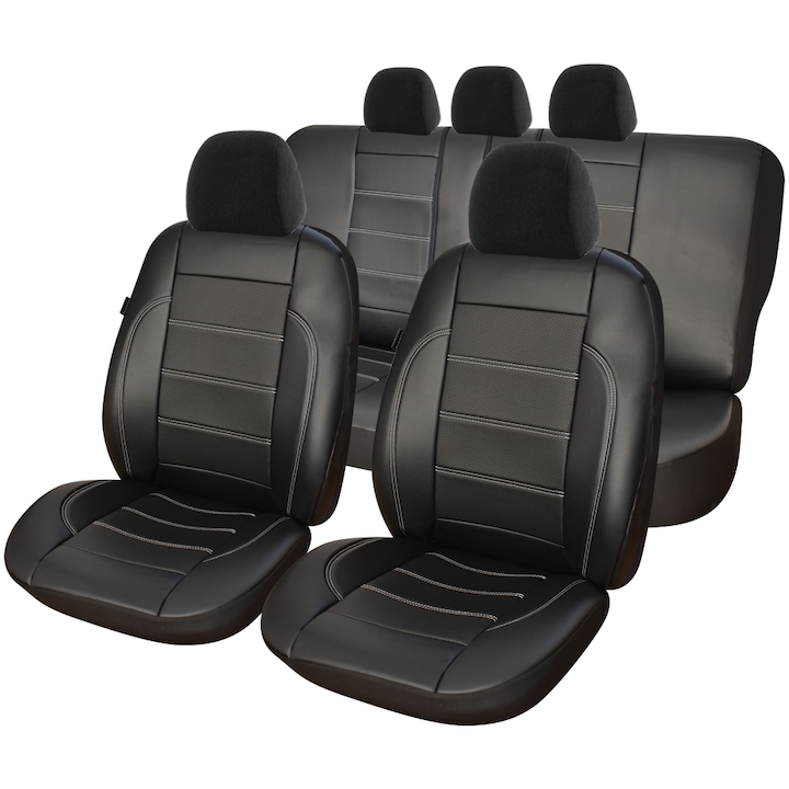 Set huse scaune auto Smartic®, Piele Ecologica si Insertii Piele Perforata S02, 11 piese, compatibile cu airbag, rabatabile, 3 straturi de material, negru