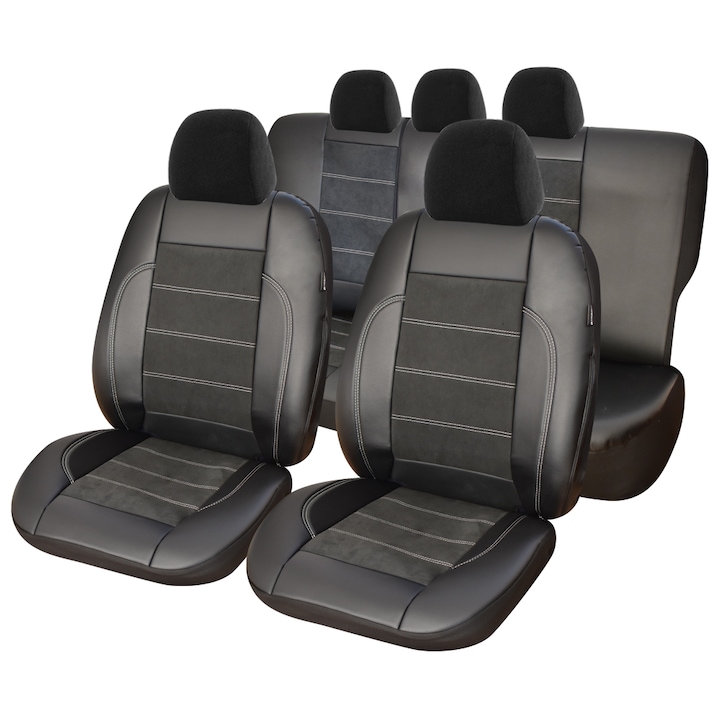 Set huse scaune auto Smartic®, Alcantara si Piele Ecologica S01, 11 piese, compatibile cu airbag, rabatabile, 3 straturi de material, negru