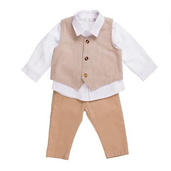 Set 3 piese baiat, camasa, vesta si pantaloni din in, Babybol, alb/bej Set 3 piese baiat, camasa, vesta si pantaloni din in, Babybol, alb/bej