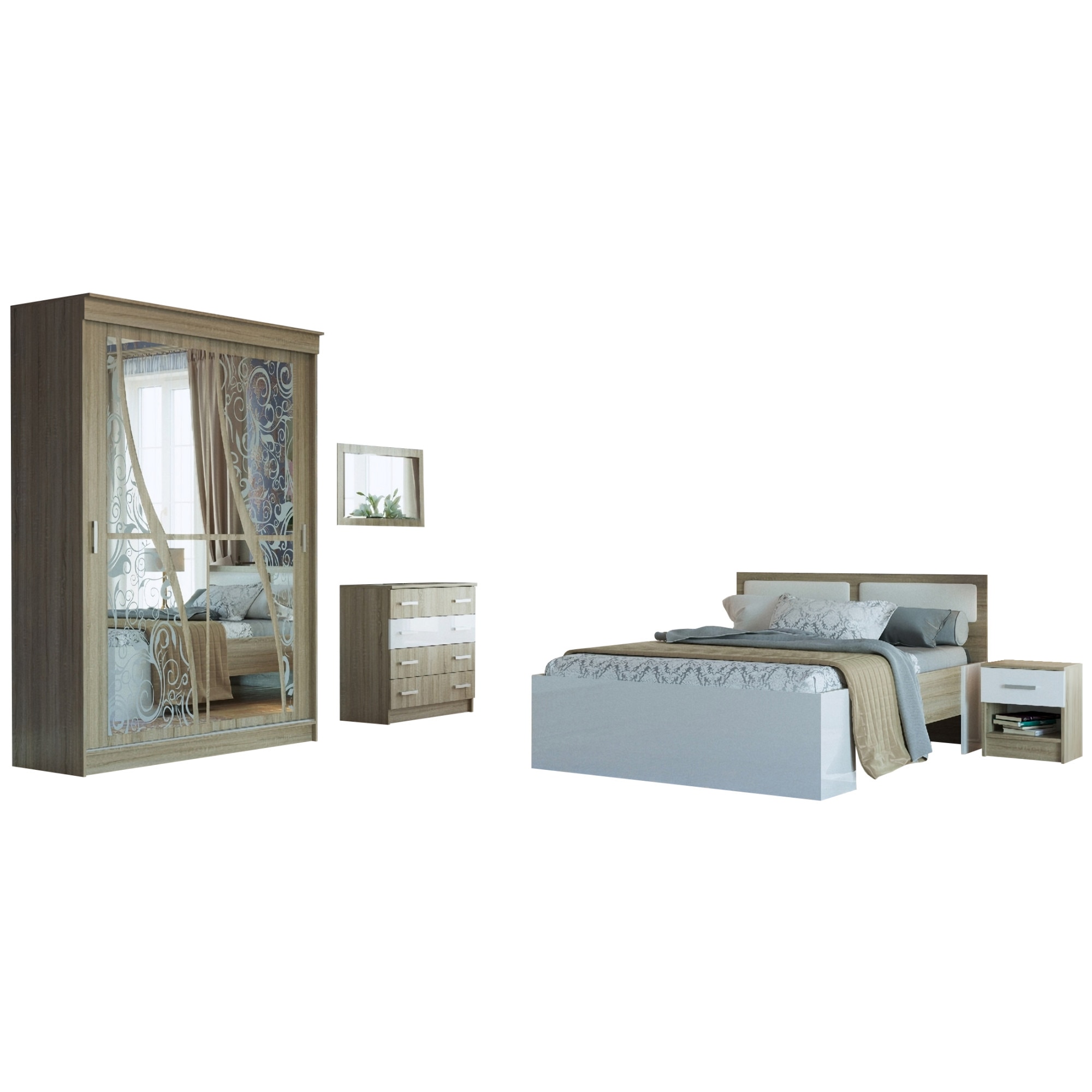 Set dormitor BEATRICE, cu dulap 2 usi glisante, comoda, pat si noptiere, Sonoma/Alb