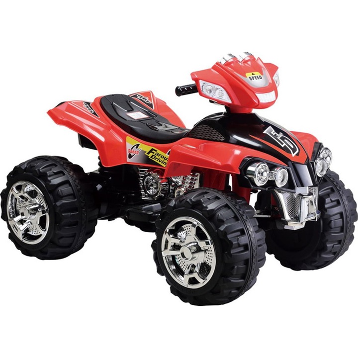 ATV Electric cu acumulator pentru copii NOVOKIDS™ Farout Speed Rider, Cu telecomanda, Mers fata-spate, 3-8 ani, max 30 kg, 12V, Mp3/USB, 2 Viteze, Lungime 112 cm, 2 motoare, Rosu cu Negru