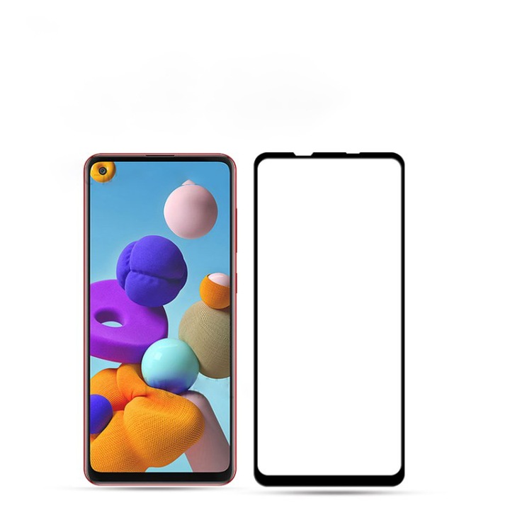 9D Стъклен Протектор за Samsung Galaxy A21s, Tempered Glass, Цялостно покритие и залепване, Черен