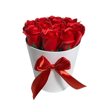 Aranjament Floral cu 11 Trandafiri din Sapun, Trandafiri Rosii in Cutie Alba, Colorissima Aranjament Floral cu 11 Trandafiri din Sapun, Trandafiri Rosii in Cutie Alba, Colorissima