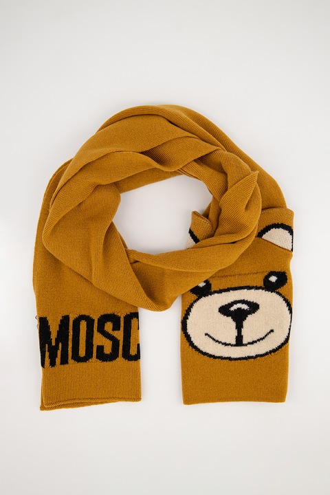 Moschino, Fular circular de lana cu imprimeu logo, Maro scortisoara/Negru