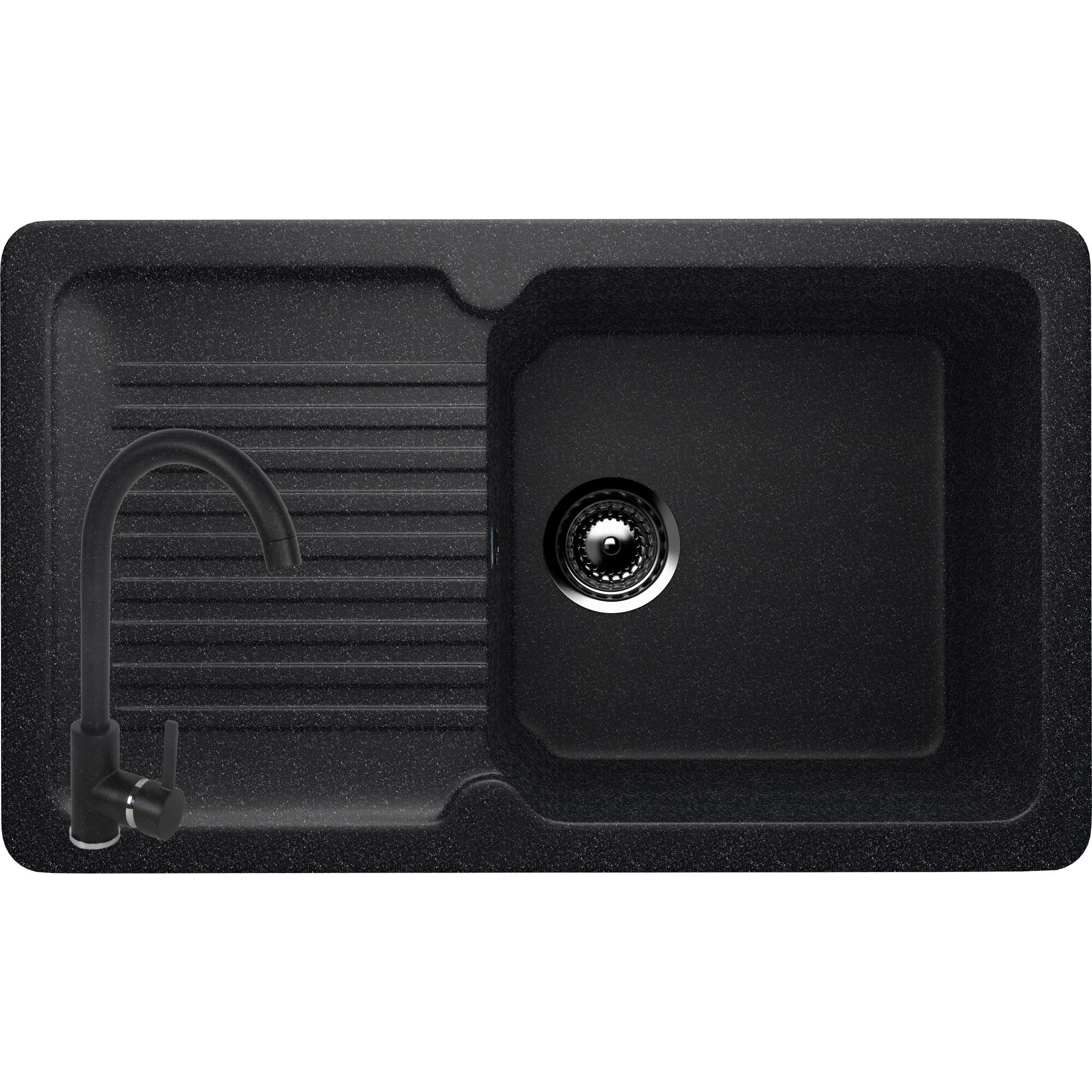 Set Chiuveta dreptunghiulara Compozit Bucatarie Ulgran U-506-308, Negru, Reversibila, Sifon Complet inclus + Baterie Fleko FZXC-MD410, Negru, Monocomanda