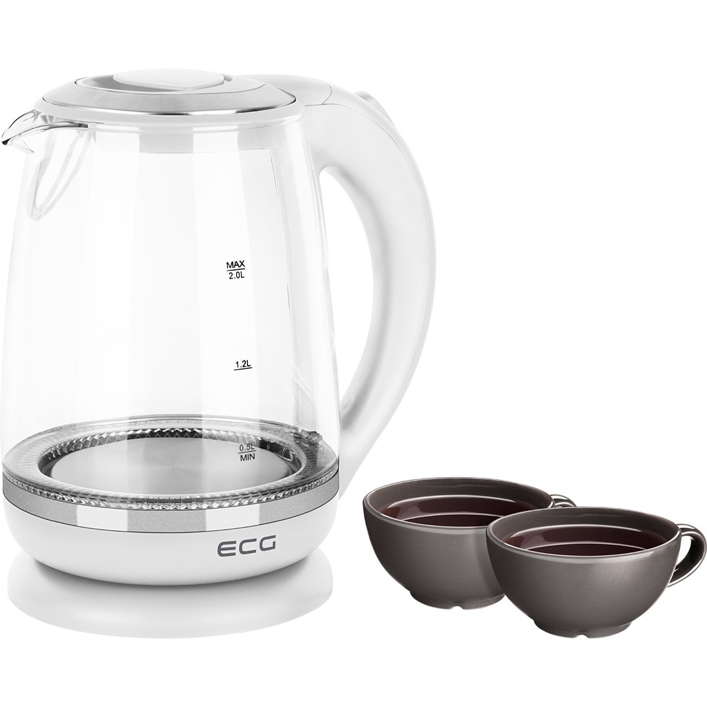 Cana electrica fierbator din sticla ECG RK 2020 alba, 2 L, 2200 W, lumina albastra de fundal
