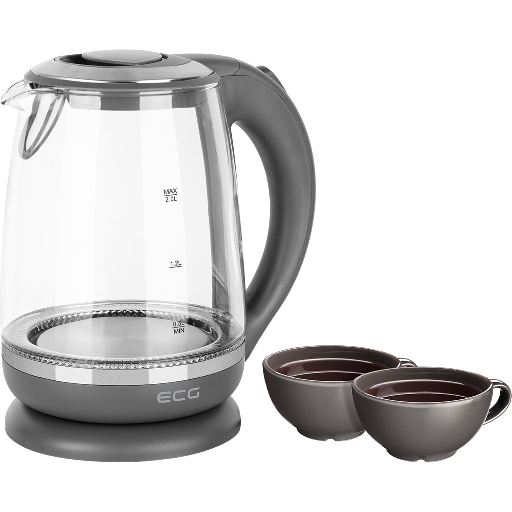 Cana electrica fierbator din sticla ECG RK 2020 gri, 2 L, 2200 W, lumina albastra de fundal