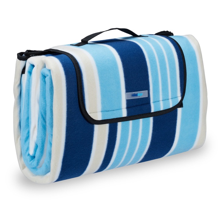 Одеяло за пикник с алуминиево фолио, 200x200, с дръжка, ивичест модел, Relaxdays, синьо и бяло