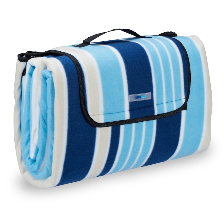 Одеяло за пикник с алуминиево фолио, 200x200, с дръжка, ивичест модел, Relaxdays, синьо и бяло