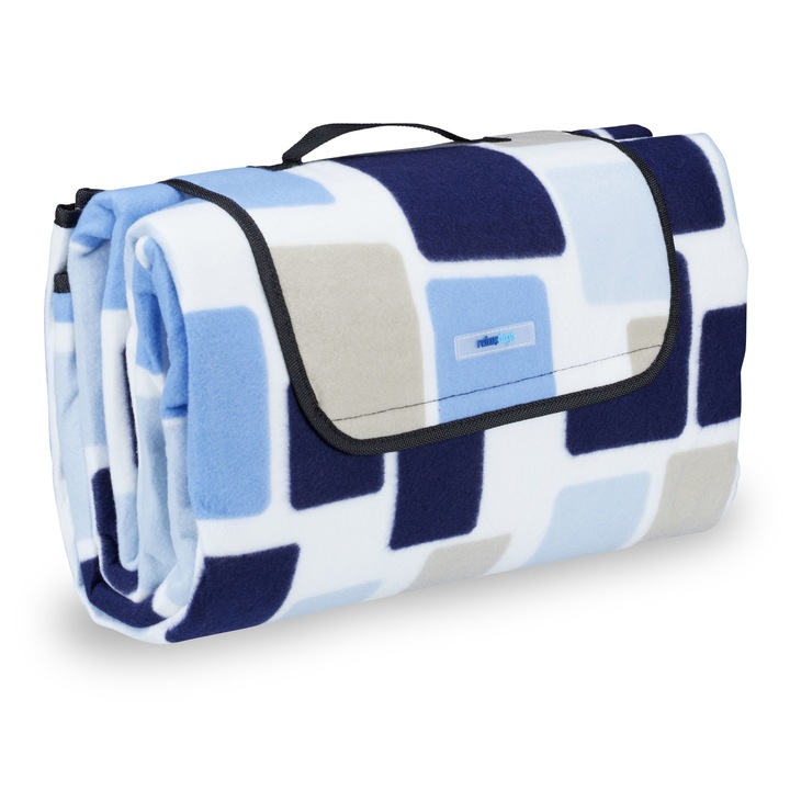 Одеяло за пикник Relaxdays, 200x200, С дръжка, Квадратна шарка, Синьо и бяло