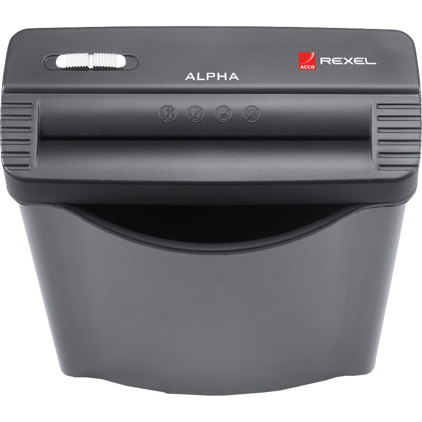 Distrugator documente manual REXEL ALPHA S/C, P1, strip-cut (fasii), 5 coli, cos 10l, negru