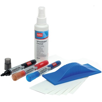 Kit pentru tabla NOBO, 3 markere diverse culori, burete magnetic + rezerva, spray curatare 125 ml Kit pentru tabla NOBO, 3 markere diverse culori, burete magnetic + rezerva, spray curatare 125 ml