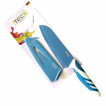 Cutit de bucatarie TEC Santoku cu protectie lama, maner antiaderent, albastru Cutit de bucatarie TEC Santoku cu protectie lama, maner antiaderent, albastru
