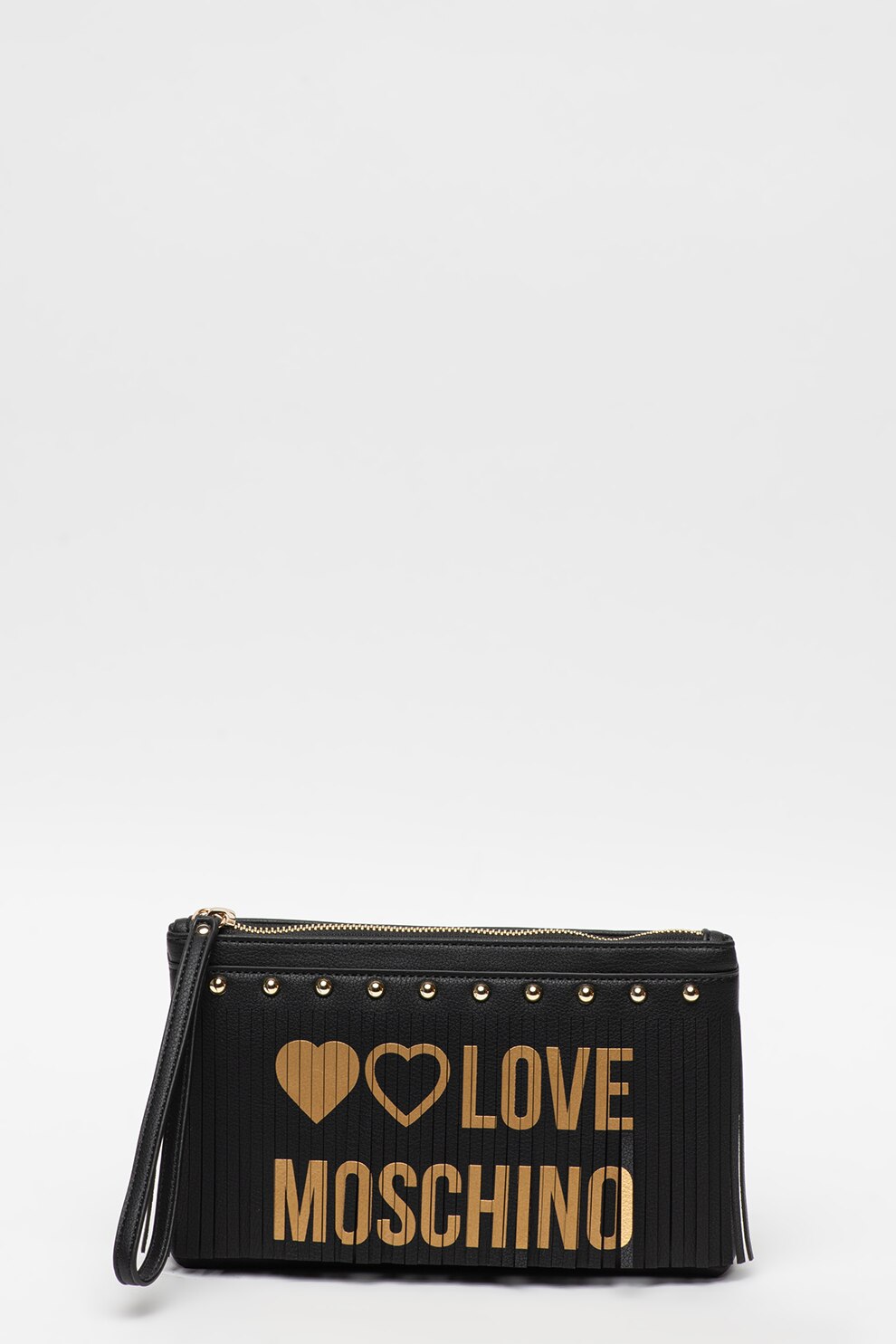 Love Moschino, Geanta plic din piele ecologica cu imprimeu logo metalizat, Negru/Auriu