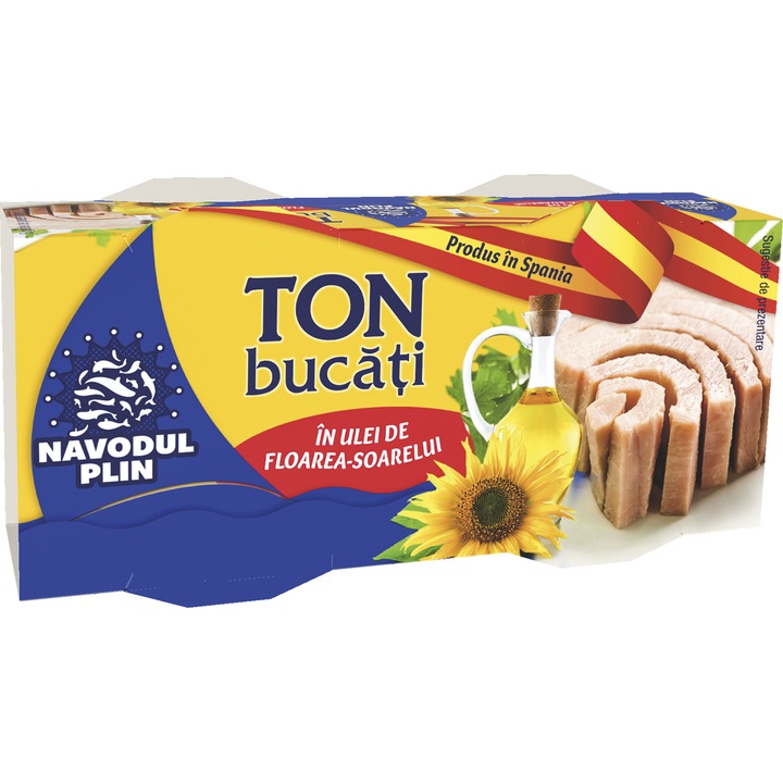 Ton bucati in ulei de floarea soarelui Navodul Plin 2x80g, 180g