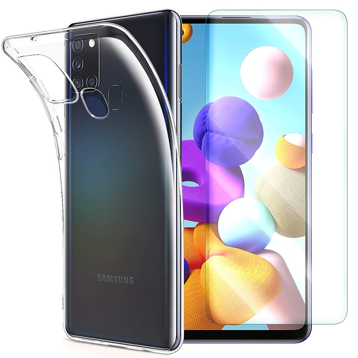 Силиконов калъф и стъклен протектор Slimset за Samsung Galaxy A21s, Прозрачен