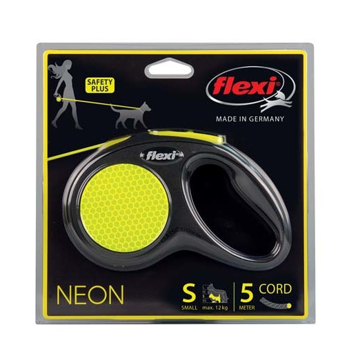 Lesa pentru caini, Neon, Flexi, Maxim 12 kg, 5 m, Negru/Galben, S