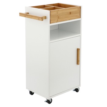 Etajera cu roti Kring Positano, bambus + MDF, 45.5x30x86 cm, Alb/lemn natur Etajera cu roti Kring Positano, bambus + MDF, 45.5x30x86 cm, Alb/lemn natur