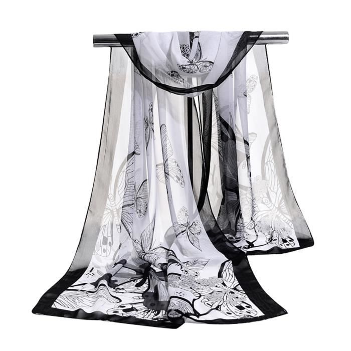 Esarfa dama, 160x50cm, model fluturi, Alb/Negru