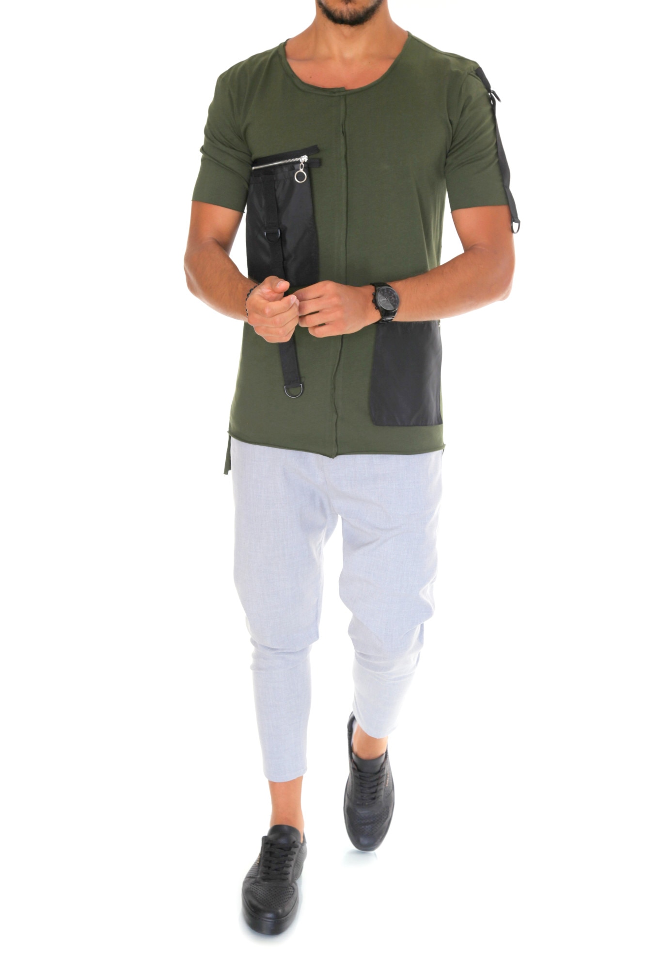 Tricou fashion, B1960, slim fit, pentru barbati, kaki, Kaki