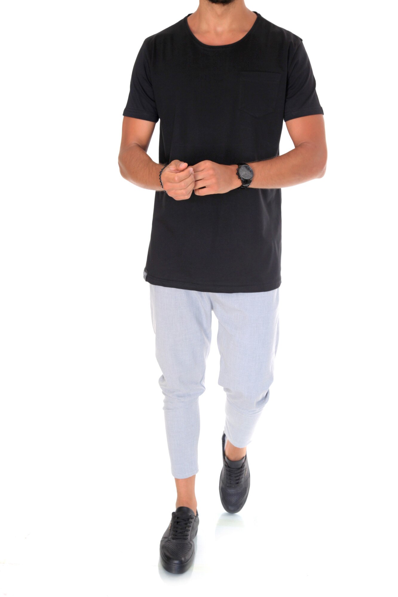 Tricou fashion, B1961, slim fit, pentru barbati, negru, Negru