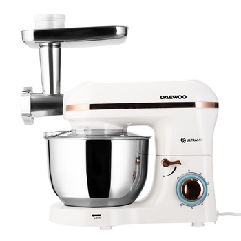 Mixer cu bol Daewoo DHM200MGW, 2000W, capacitate bol 5.5l, accesoriu masina de tocat, capacitate de tocare 1.2 kg/min, 3 discuri de taiere din inox, tel, carlig framantare, palete amestecare, Alb Mixer cu bol Daewoo DHM200MGW, 2000W, capacitate bol 5.5l, accesoriu masina de tocat, capacitate de tocare 1.2 kg/min, 3 discuri de taiere din inox, tel, carlig framantare, palete amestecare, Alb