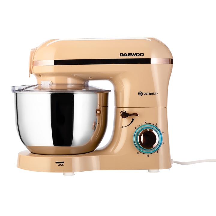 Планетарен миксер Daewoo DHM200MGC, 2000W, Капацитет на купата 5.5 л, Бъркалки за леки смеси и кука за тесто, Месомелачка