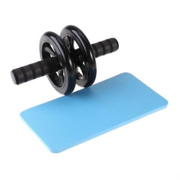 Roata dubla pentru exercitii fitness, dezvolta musculatura si tonifiaza, covoras de protectie a genunchilor inclus, culoare negru