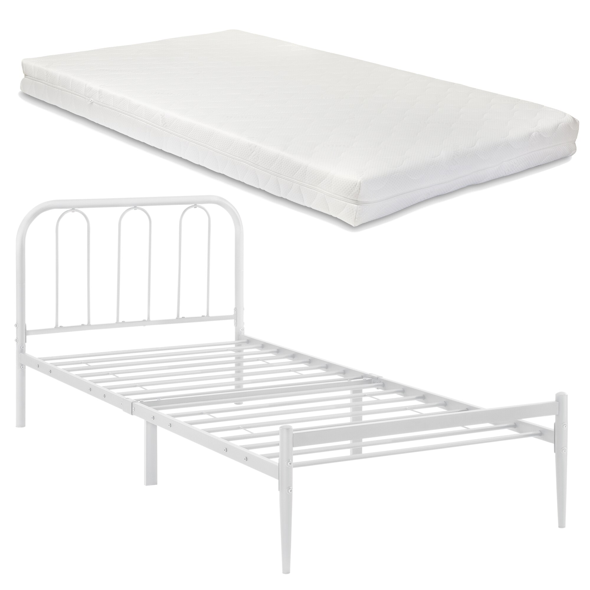 Pat rama metalica Hanko W90 cu saltea spuma rece, en.casa, 200 x 90 cm, otel, alb mat, single
