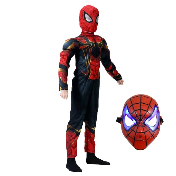 Set costum Iron Spiderman cu muschi, Homecoming pentru copii, S, 3 - 5 ani, masca cu lumini inclusa