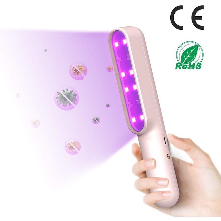 7 W baktériumölő UVC lámpa, hordozható UV-C sterilizáló LED-ekkel bármilyen felületre, USB, rózsaszín