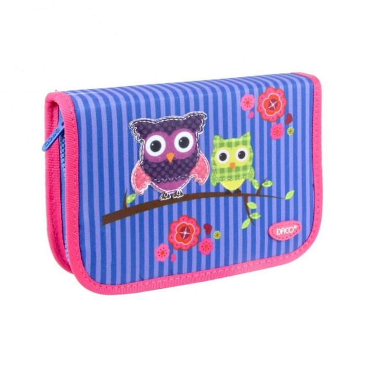 Felszereletlen DACO Pen, 19,5x13x4 cm, Bagoly mintás, poliészter anyag, szín lila/rózsaszín