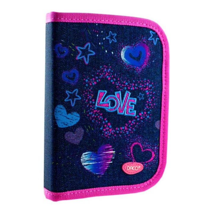 Felszereletlen DACO tolltartó, 20,5x3,5x14 cm, Szívek minta, Poliészter anyag, Többszínű