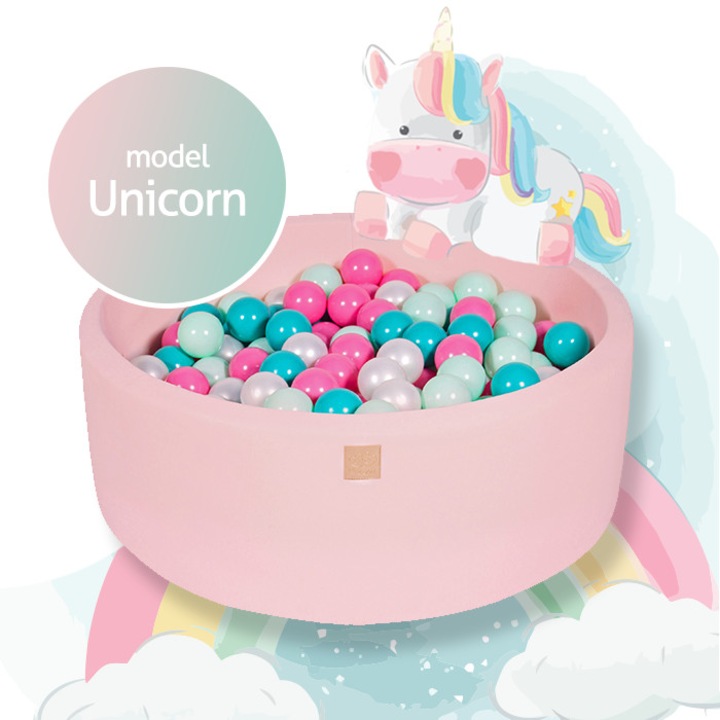 Piscina uscata 250 bile 7 cm MeowBaby®, alb perlat, turcoaz, roz pastel, mint, Unicorn Set, 90x40 cm, Roz Pastel