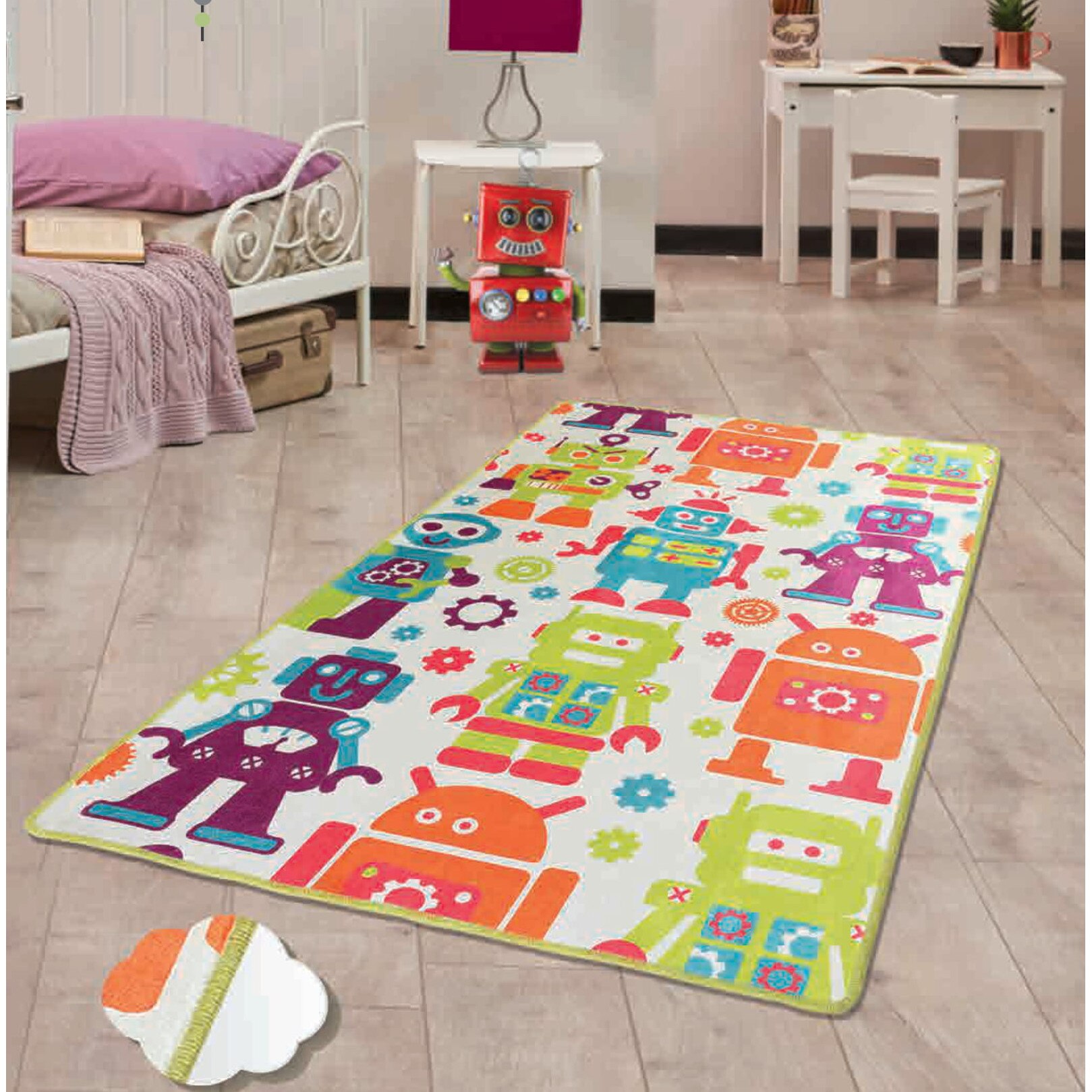 Covor copii Kino Robot , 100x160 cm , grosime 6 mm, tip printed, lavabil, poliester , antiderapant, antibacterial, gramaj 800g/mp , model roboti
